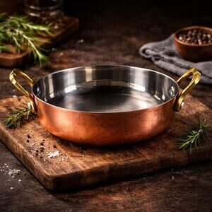 Copper Stainless Steel Saute Pan Brass Double Handles 5.5” Vintage Cookware